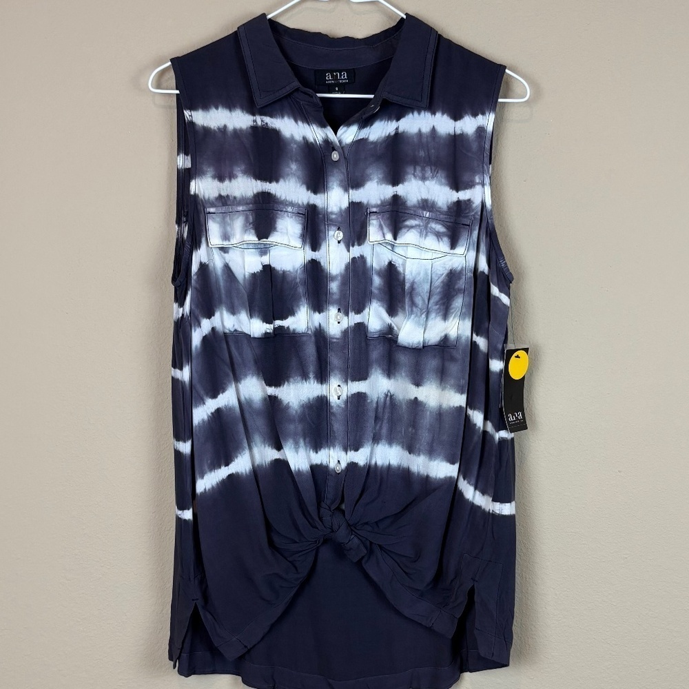 NWT a.n.a Navy and White Tie-Dye Sleeveless Button-Down Shirt